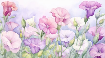 Pink flowers watercolor art painting for banner, poster, Web and packaging. Spring floral background. AI illustration.