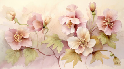 Pink flowers watercolor art painting for banner, poster, Web and packaging. Spring floral background. AI illustration.