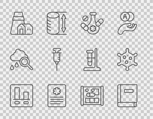 Set line Graph chart infographic, Science book, Medicine pill, Patient record, Power station plant, Syringe, Graphing paper for engineering and Virus icon. Vector