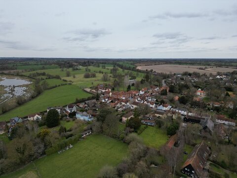 Hatfield Broad Oak village Essex UK high angle Drone, Aerial, view from air, birds eye view, ..