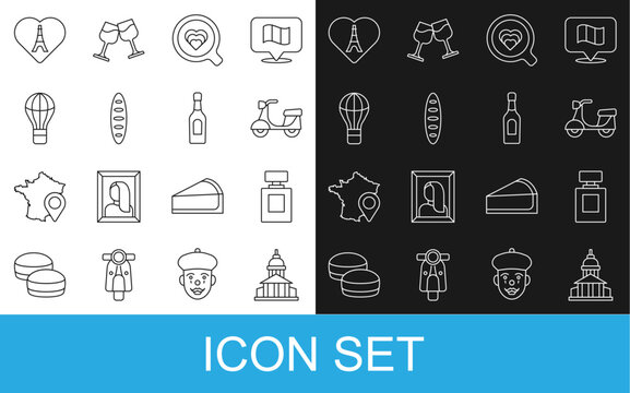 Set line Museum building, Perfume, Scooter, Coffee cup, French baguette bread, Hot air balloon, Eiffel tower with heart and Champagne bottle icon. Vector