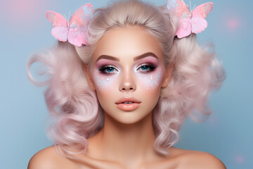 Portrait of woman with Halloween fairy costume makeup on pastel colored background