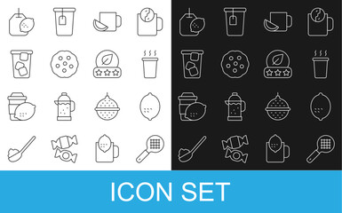 Set line Tea strainer with handle, Lemon, Cup of tea, lemon, Cookie or biscuit, Ice, bag and leaf icon. Vector