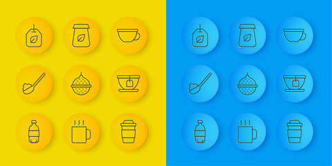 Set line Bottle of water, Spoon with sugar, Ball tea strainer, Cup, bag, Tea leaf, and packaging icon. Vector