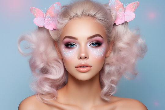 Portrait of woman with Halloween fairy costume makeup on pastel colored background