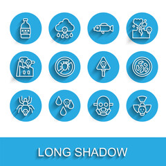 Set line Poisonous spider, Acid rain, Poisoned alcohol, Gas mask, Radioactive, Stop colorado beetle, Petri dish with bacteria and Bones and skull icon. Vector