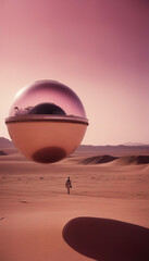 Fototapeta na wymiar Retro future sci-fi wallpaper. Martian dunes and a strange shiny object of a spherical shape. The illustration is suitable for flyers, posters and invitations to a sci-fi party.