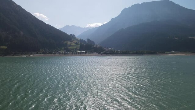Lake Reschensee in Tirol with the sunken church tower