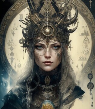 Surreal Alchemist: Female Viking Master Alchemist Oil Painting