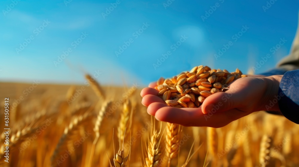 Wall mural Wheat in the hands on the background of the field.