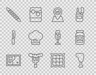 Set line Folded map, Chicken leg, Picnic location, Sausage the fork, French baguette bread, Chef hat, Checkered napkin and Jam jar icon. Vector