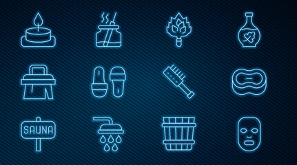 Set line Facial cosmetic mask, Bar of soap, Sauna broom, slippers, brush, Aroma candle, and diffuser icon. Vector