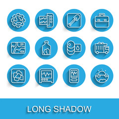 Set line Gold nugget, Seismograph, Gear wheels and earth, Earth core structure crust, Ore mining, Mining dump truck and Barrel oil icon. Vector
