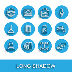 Set line Traffic cone, Car tire wheel, Steering, Chassis car, Automotive turbocharger, radiator cooling system, Online sharing and Canister for motor machine oil icon. Vector