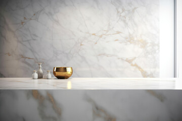 A golden bowl on a marble kitchen countertop. (Generative AI)