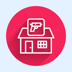 White line Hunting shop with rifle and gun weapon icon isolated with long shadow. Supermarket or store with weapon equipment. Red circle button. Vector