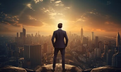 Plakat A businessman looks at the city and the sunrise from a height