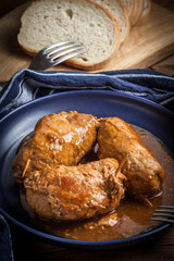 Tasty roulades beef on plate.