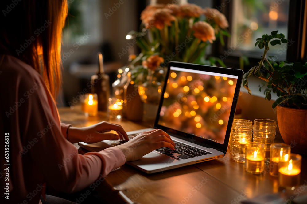 Poster woman working with laptop and flowers in evening,Generative AI