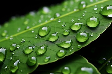 Macro Shot of Water Droplets on Leaf. Generative AI