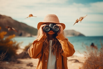 Unrecognizable Young Girl Standing On The Shore And Holding Binoculars, Scout Wanderlust Travel Concept