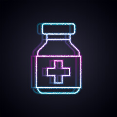 Glowing neon line Medicine bottle and pills icon isolated on black background. Bottle pill sign. Pharmacy design. Vector