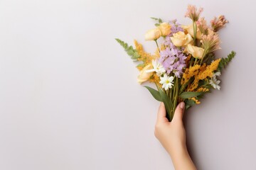 Female Florist Holding a Bouquet on a Soft Background with Space for Text, Ai