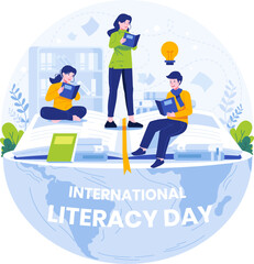 International Literacy Day Illustration. Young People Celebrate Literacy Day by Reading Books
