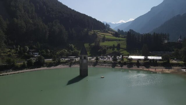 Lake Reschensee in Tirol with the sunken church tower