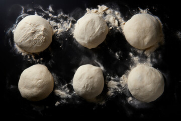 Raw dough balls and flour on black background, top view
