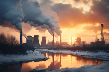 Industrial factory tall smokestacks released smoky emissions from smoke pipes. CO2 greenhouse gas, deteriorating air quality, air pollution, and climate change. Carbon dioxide gas.