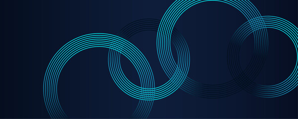 Abstract waving circles lines pattern round frame colorful blue green light on dark blue background. Modern art design in concept of AI technology, futuristic banner, business cover, digital header