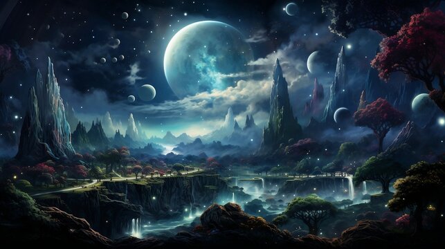 A cosmic dreamscape with celestial beings, technicolor planets, and intergalactic travel through wormholes