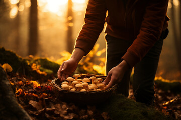 Unrecognizable young man picking mushrooms in autumn forest, holding it in his hand, close up