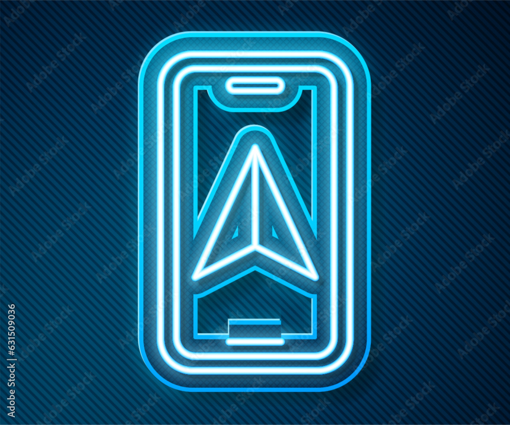 Poster glowing neon line infographic of city map navigation icon isolated on blue background. mobile app in