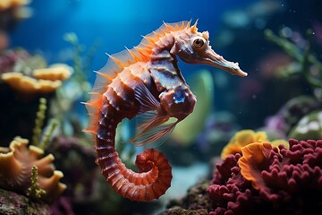 Obraz na płótnie Canvas Seahorse Among Corals in the Sea. Generative AI