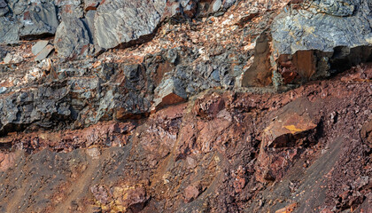 Iron ore texture closeup - natural minerals in the mine. Stone texture of open pit. Extraction of minerals for heavy industry - the texture of the rock containing iron ore and copper.
