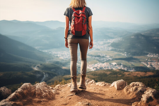 Unrecognizable young success woman hiker legs on mountain peak rock, rear view, Concept achieving goal, beginning of the path