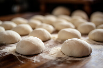 Fototapeta na wymiar Raw balls of dough on wooden kitchen table