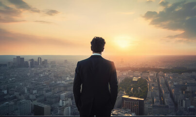 Plakat A businessman looks at the city and the sunrise from a height