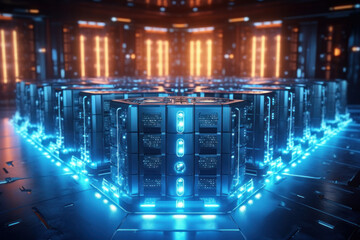 Data Center Server Room. Network Communication, Colorful Neon Server Racks, and Telecommunication Equipment, Optical fiber in a Cutting-Edge Technology Background. generative ai