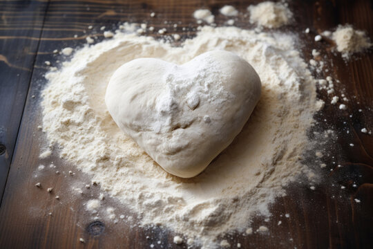 Raw heart-shaped dough and flour on wooden background, top view