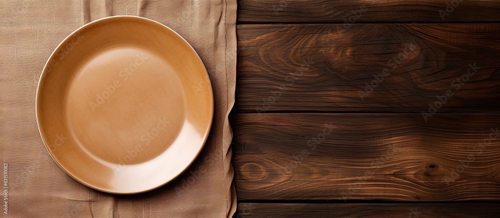 Poster brown wooden background with an empty plate and a linen napkin on top. empty space available
