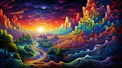 A psychedelic dreamscape with swirling vortexes, pulsating colors, and mind-bending geometric patterns in technicolor splendor