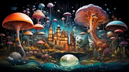 A whimsical technicolor dreamscape featuring floating islands made of books, flying quills, and ink rivers