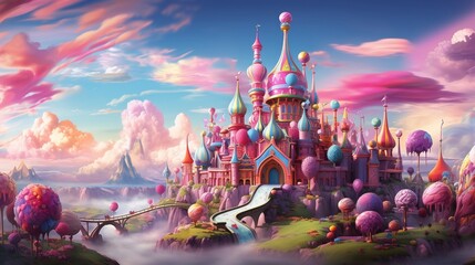 A whimsical technicolor dreamscape featuring floating islands made of confectionery, candy floss clouds, and gingerbread houses