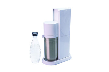 Close up view of soda stream machine and glass bottle with water. Sweden.