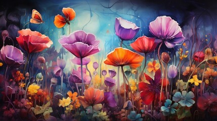 Fototapeta na wymiar An enchanted garden in a technicolor dreamscape, with oversized flowers and magical creatures