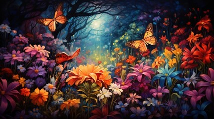 An enchanted garden in a technicolor dreamscape, with oversized flowers, glowing butterflies, and whimsical creatures