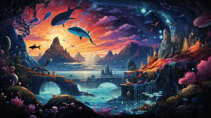 A surreal technicolor dreamscape with floating whales, upside-down mountains, and gravity-defying landscapes in a world turned on its head dream